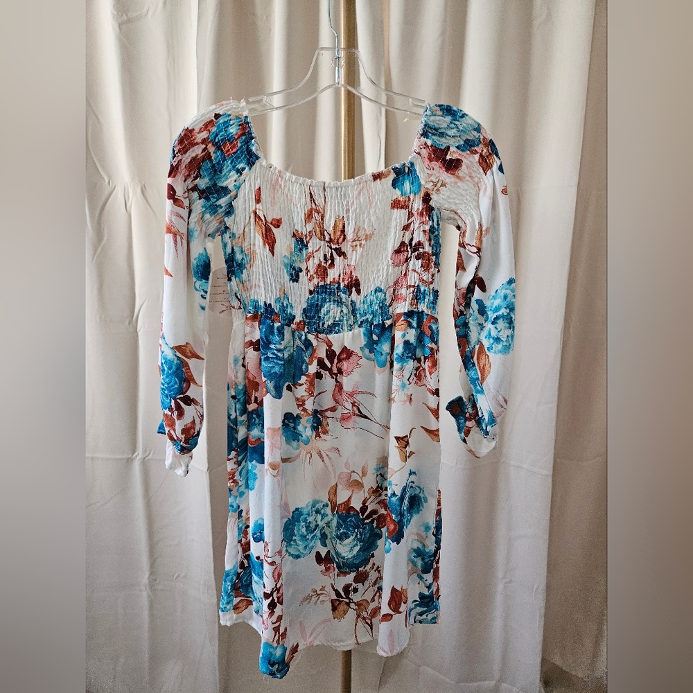 Gypsies & Moondust Turquoise Floral Smocked Mini Dress NWT | Size S - Picture 4 of 4